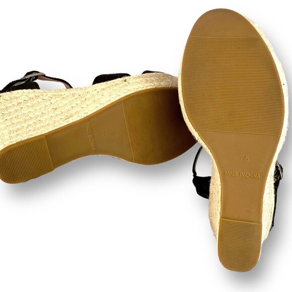 Vicki-Vicki Wedge Heel Sandals Womens 8 Black Suede Jute Ankle Strappy Platform - Picture 8 of 8